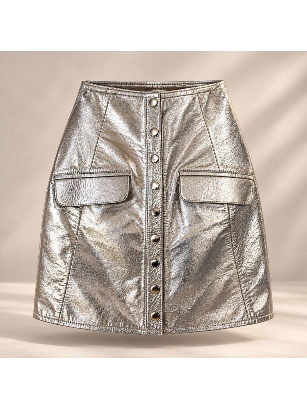 Vintage Metallic Silver Genuine Leather Snap Front Mini Skirt XS 24 Waist